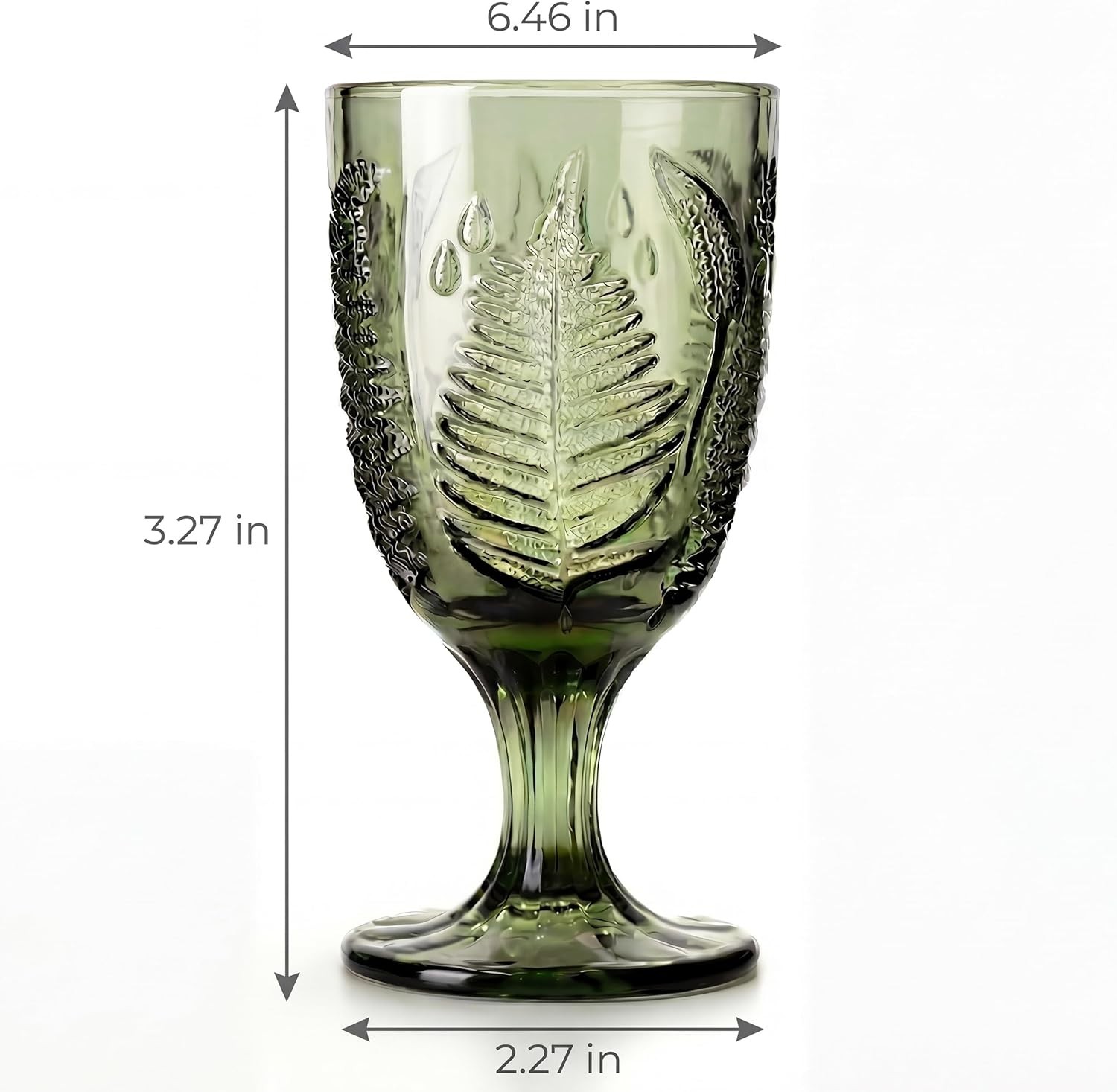 Vintage Green Stemmed Goblets Set of 4, Fern Embossed Textured Glass Wine