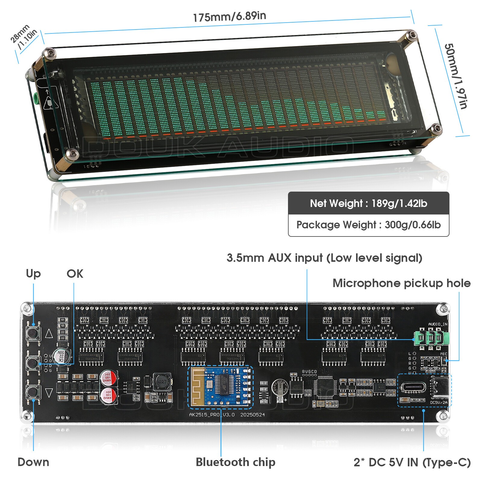 Bluetooth 5.0 Audio Spectrum MIC Pickup VFD Sound Level Meter Display w/ AGC