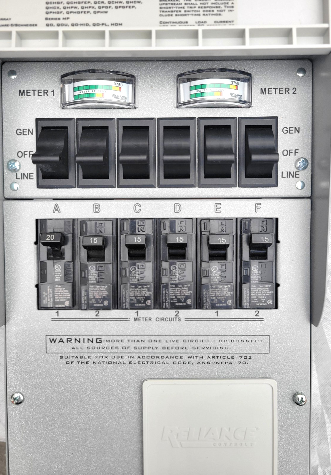 RELIANCE CONTROLS PRO/TRAN 2, 30A MANUAL TRANSFER SWITCH KIT INLET BOX