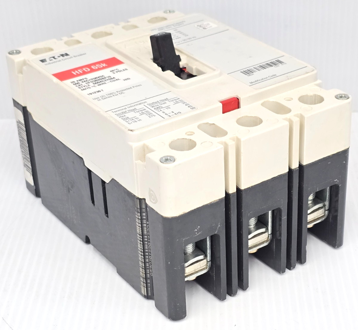 Eaton 20 Amp Industrial Circuit Breaker 600 VAC 3 Pole 100 kA HFD3020BP10
