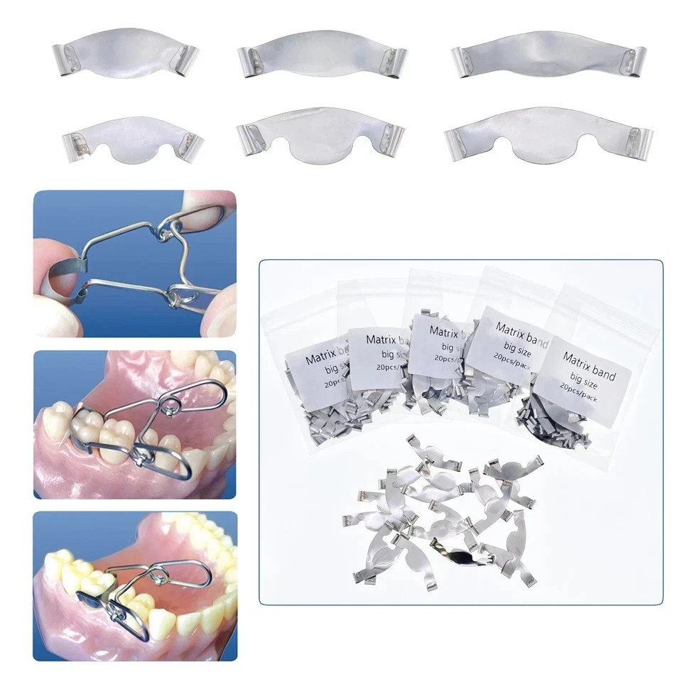 20 Pcs/Pack Dental Saddle Contoured Metal Matrices Band Matrix Springclip 6 Size