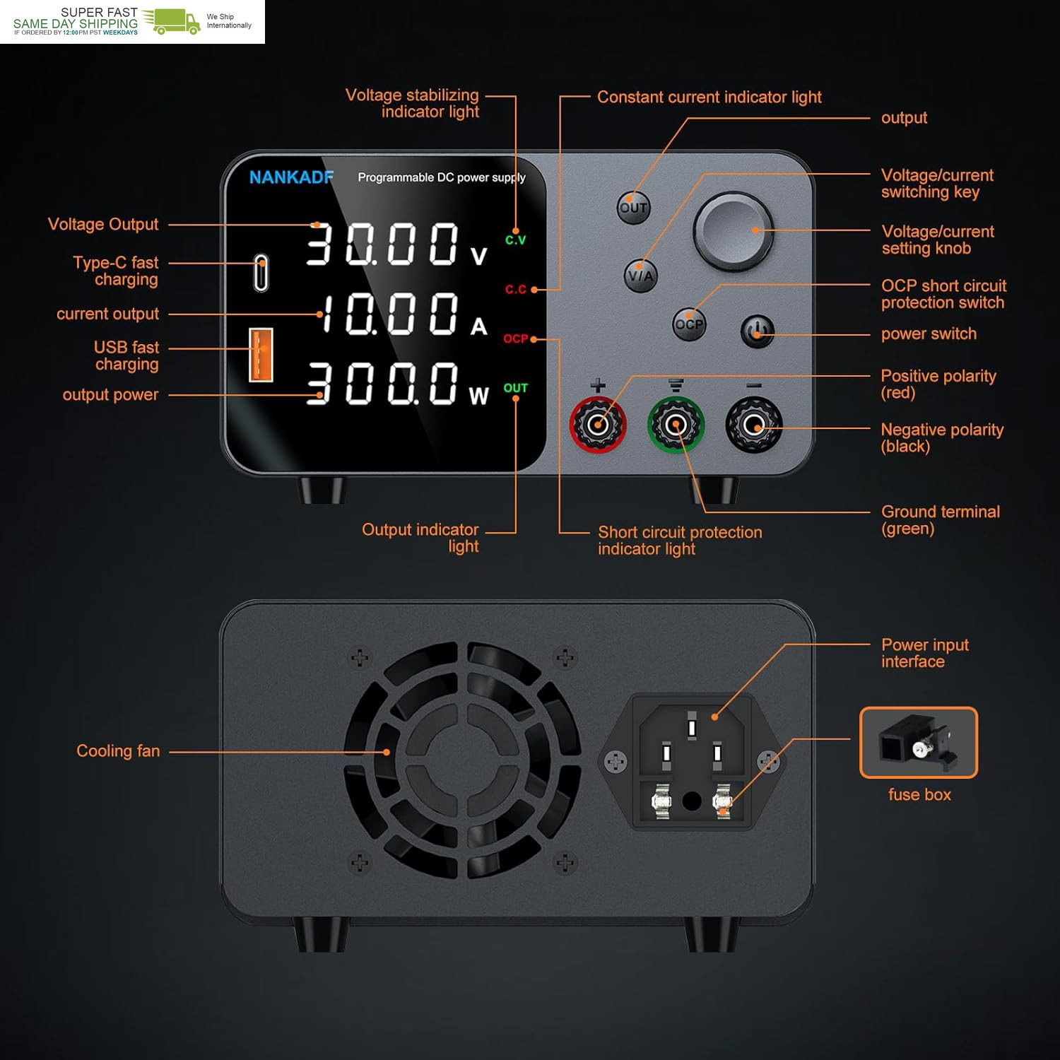 DC Power Supply, 30V 10A Bench Power Supply with Encoder Adjustment, 5V/3.6A Usb