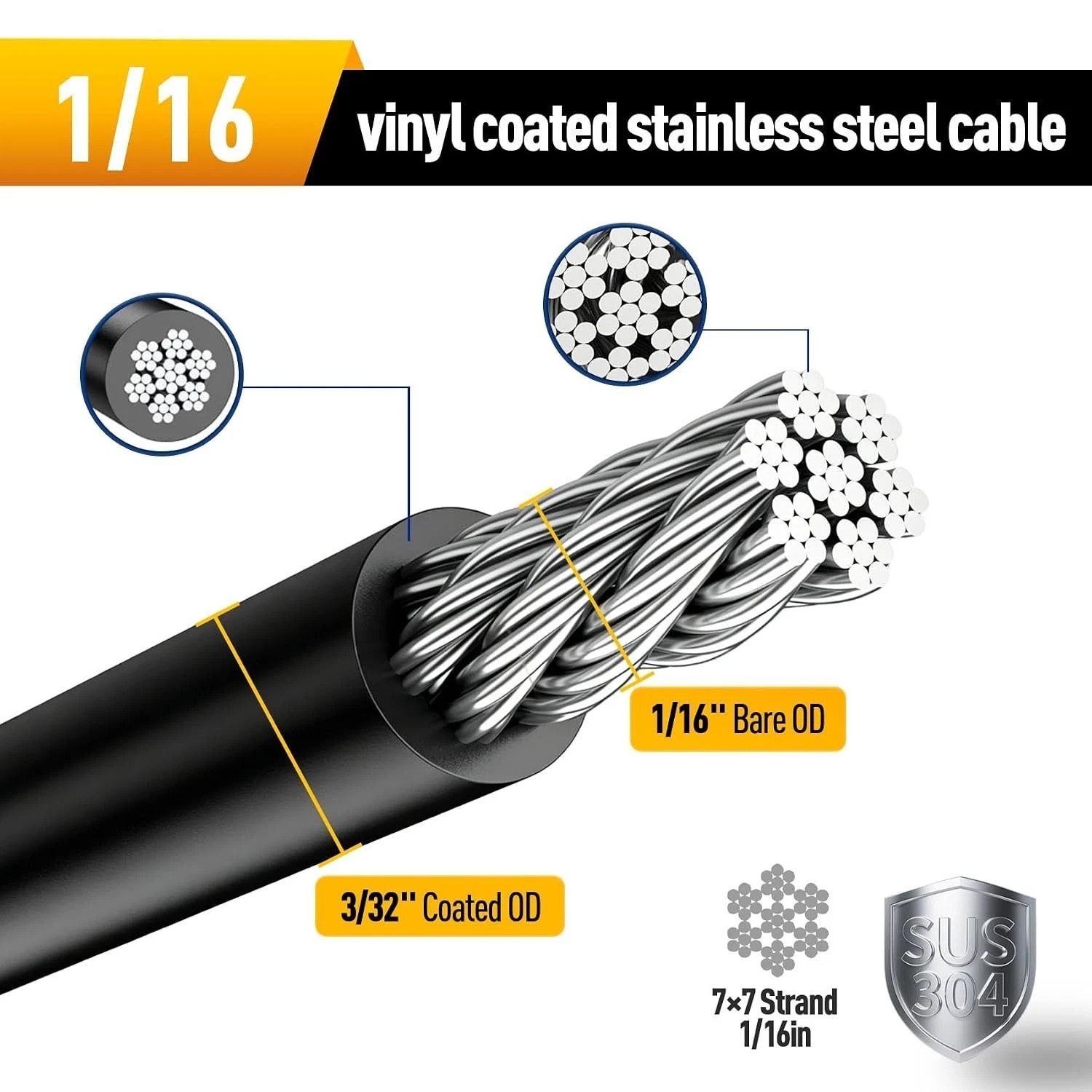 Heavy Duty 1000ft 3/32″ Black Vinyl Coated Steel Wire Rope 480lb Strength