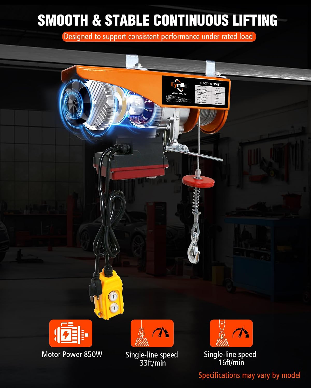 880 Lbs Electric Hoist, 2 in 1 Wireless/Wired Remote Control | 110V/120V Electri