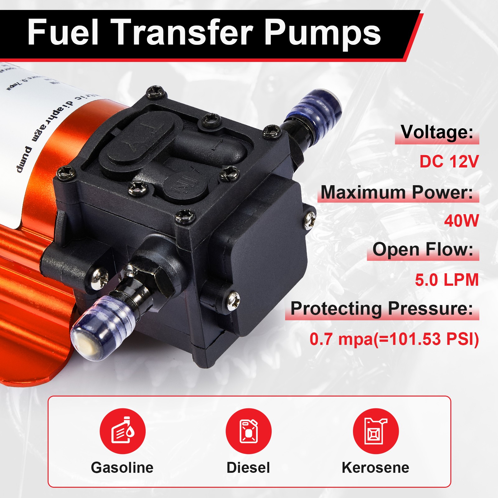 12V Electric Fuel Transfer Pump Kit For Gas Diesel w/ Hose Clips Cables 120GPH
