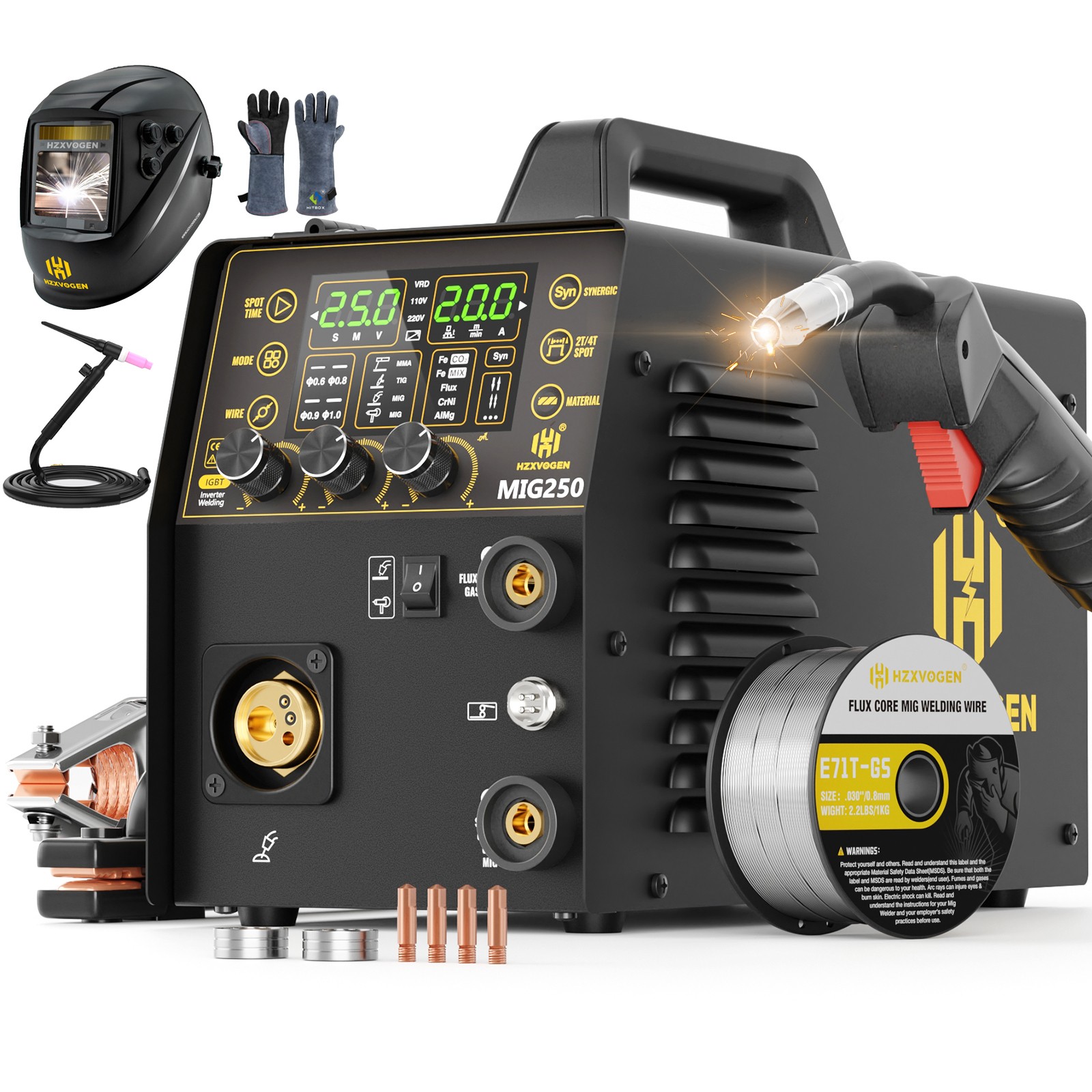 250A Aluminum MIG Welding Machine 110/230V Gas MIG FLUX CORE TIG MMA Welder Set