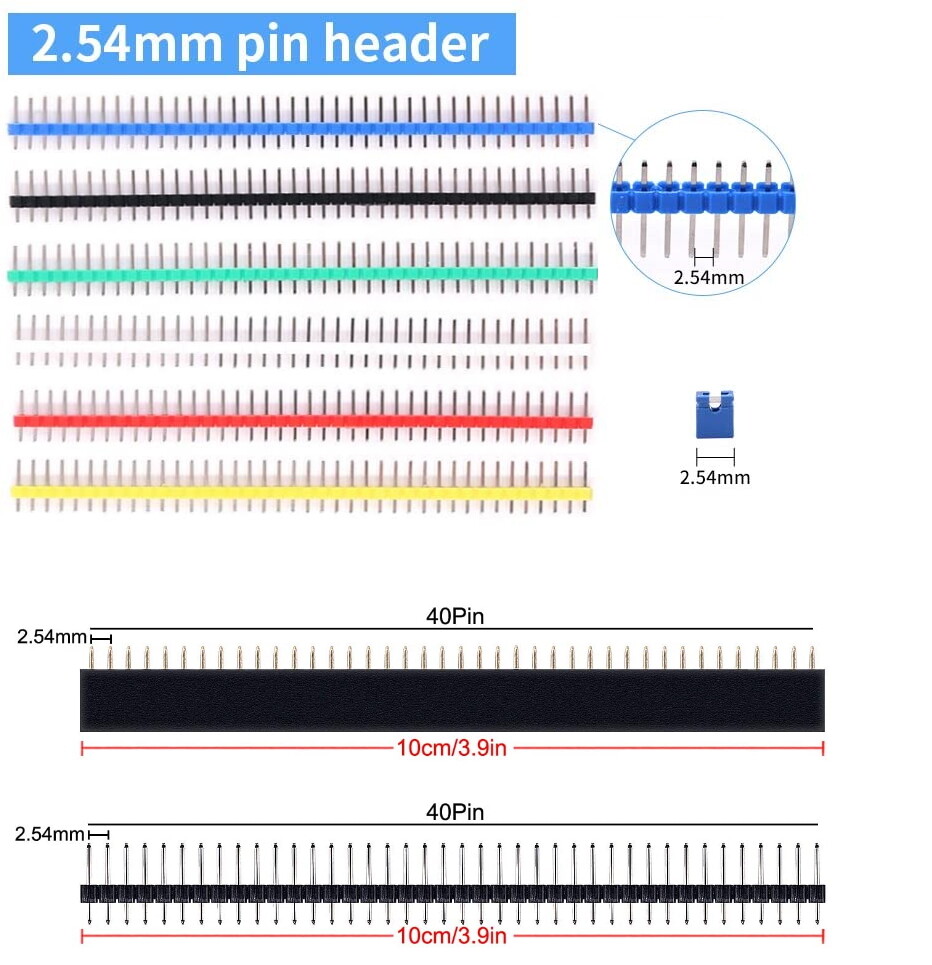 40-Pin Male Header 0.1″ 2.54mm Breadboard PCB Strip Connectors, Jumper caps