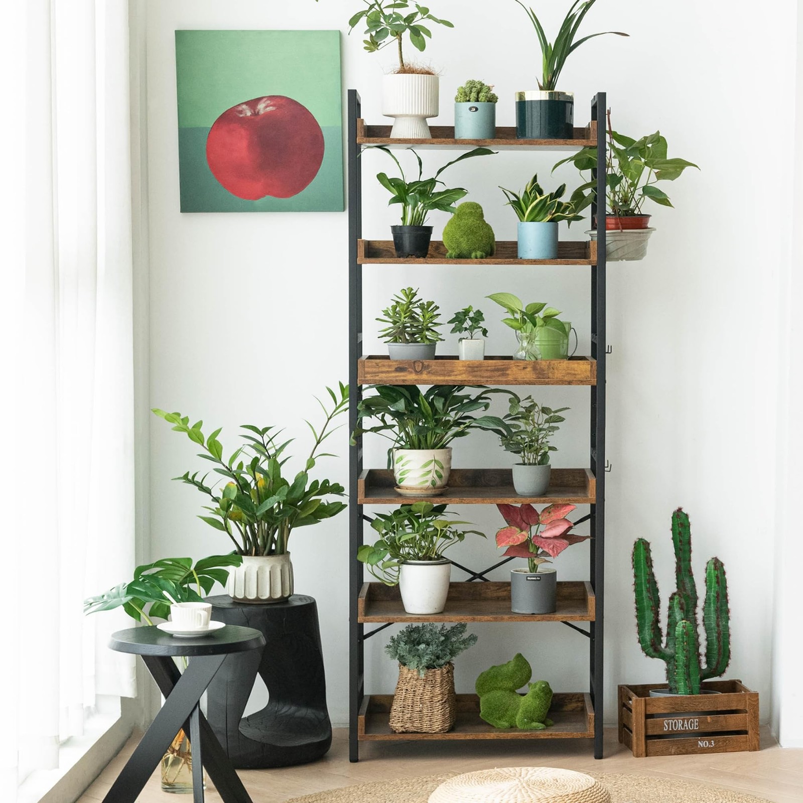 HCHQHS Adjustable 6 Tier Open Bookcase, Black Metal, Rustic Farmhouse