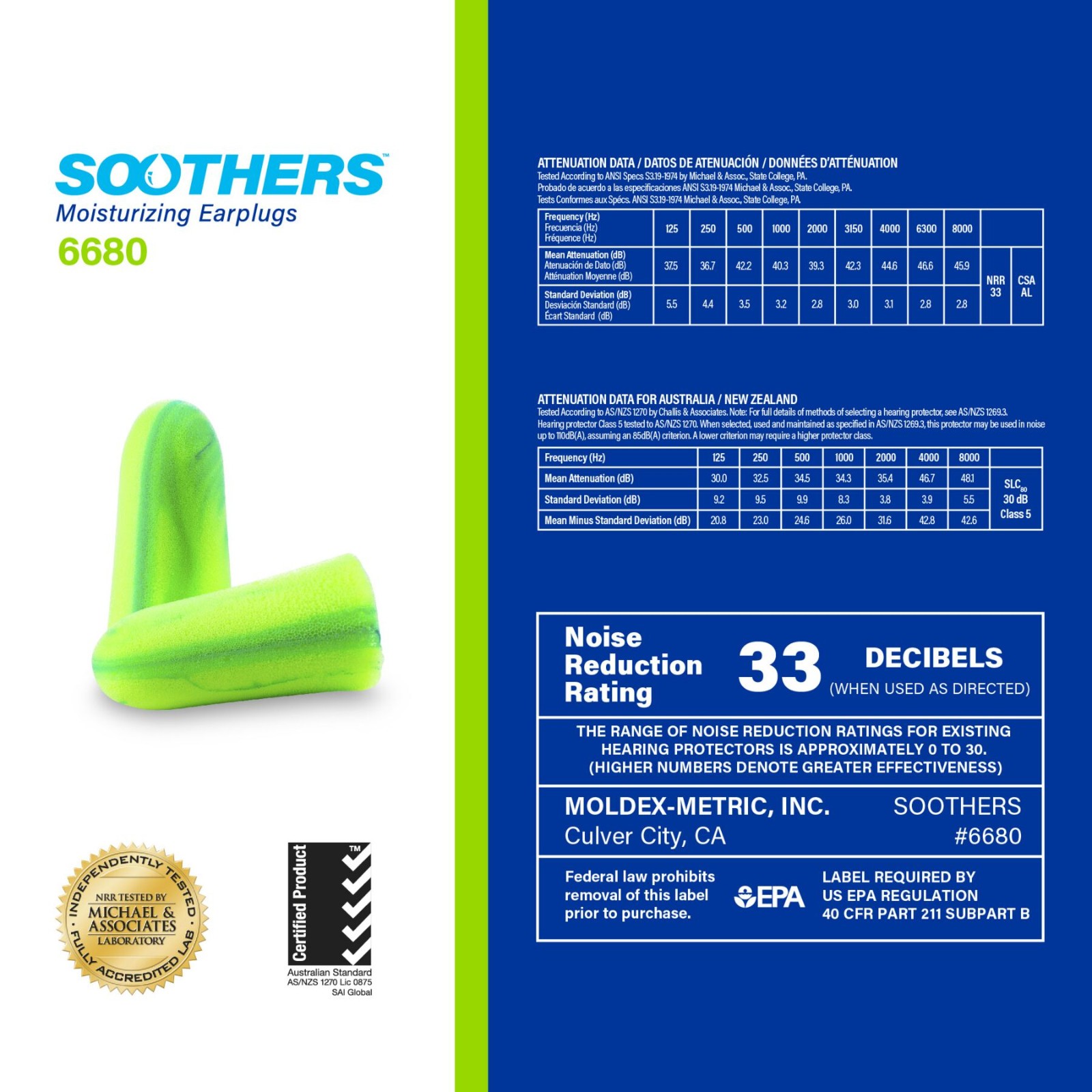 Moldex Soothers™ Moisturizing Foam Earplugs 6680, NRR 33 dB