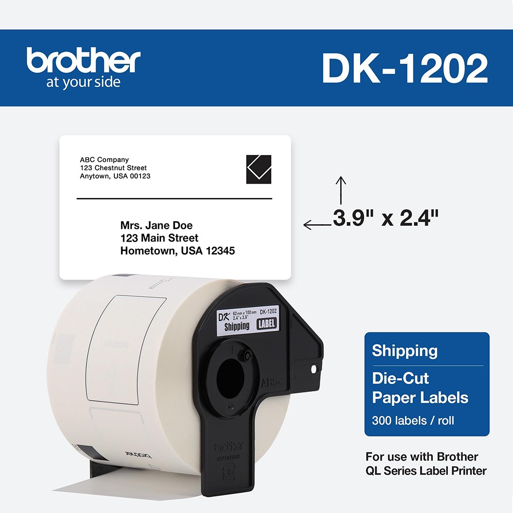 Brother DK1202 2.4 in x 3.9 in (62 mm x 100 mm) Shipping White Paper Labels (300