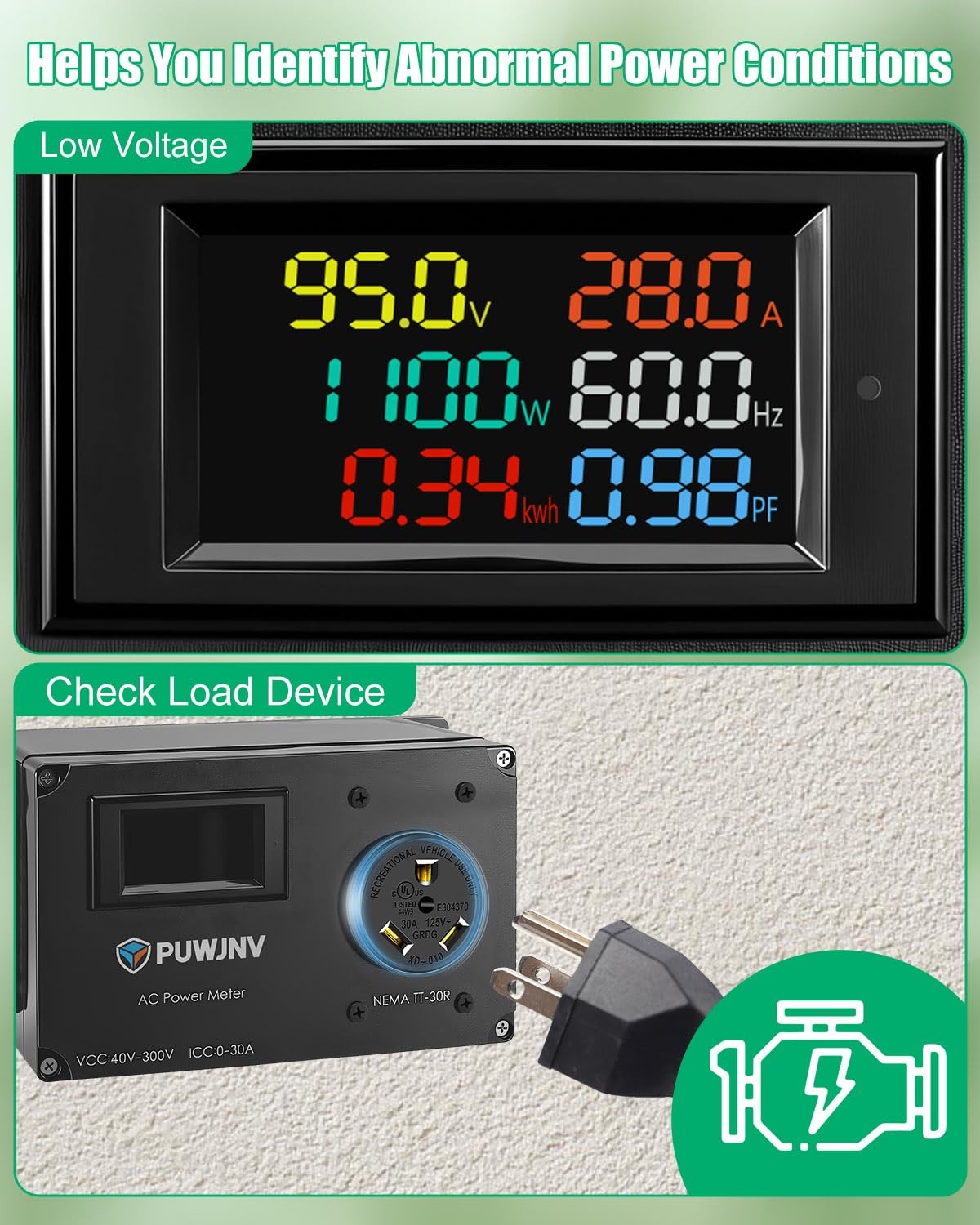 30A RV Power Meter TT-30P to TT-30R LCD Voltage Watt kWh Energy Monitor
