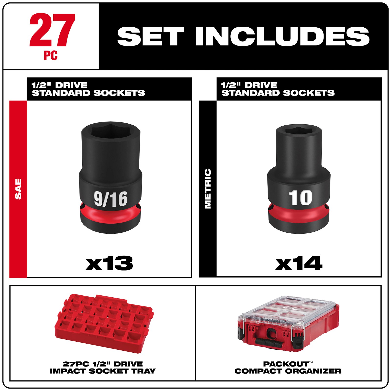 Milwaukee Tool 49-66-6804 27Pc SHOCKWAVE Impact Duty Socket 1/2” Drive mm & SAE