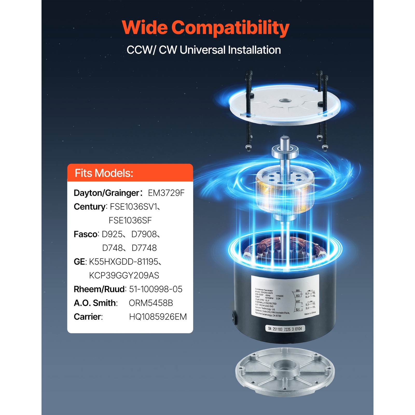 Uimoso Condenser Fan Motor with Capacitor 1/3HP 1075RPM 208-230V CW/CCW Rotation