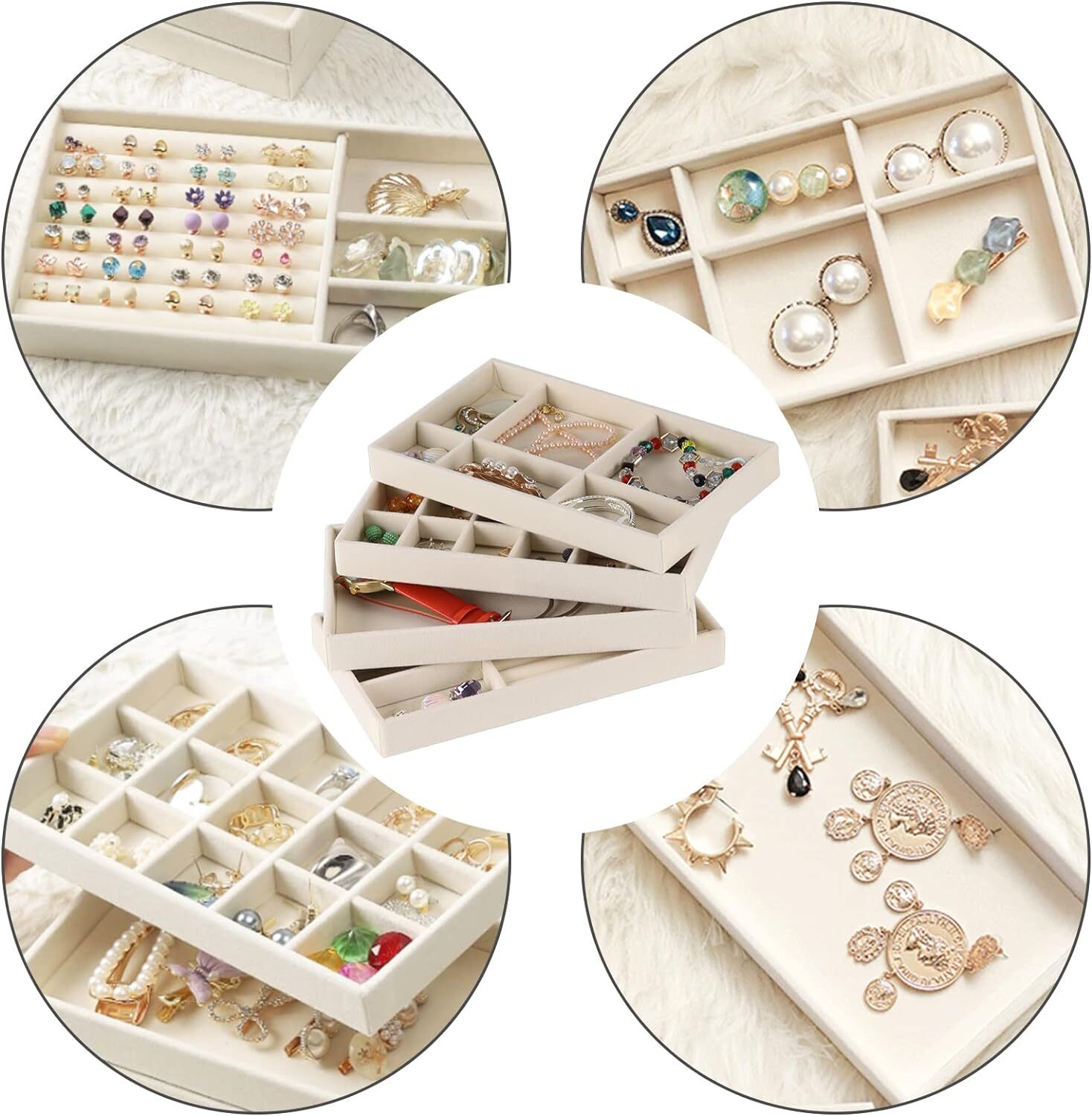 Set of 8 Stackable Jewelry Organizer Trays,Jewelry Drawer Beige