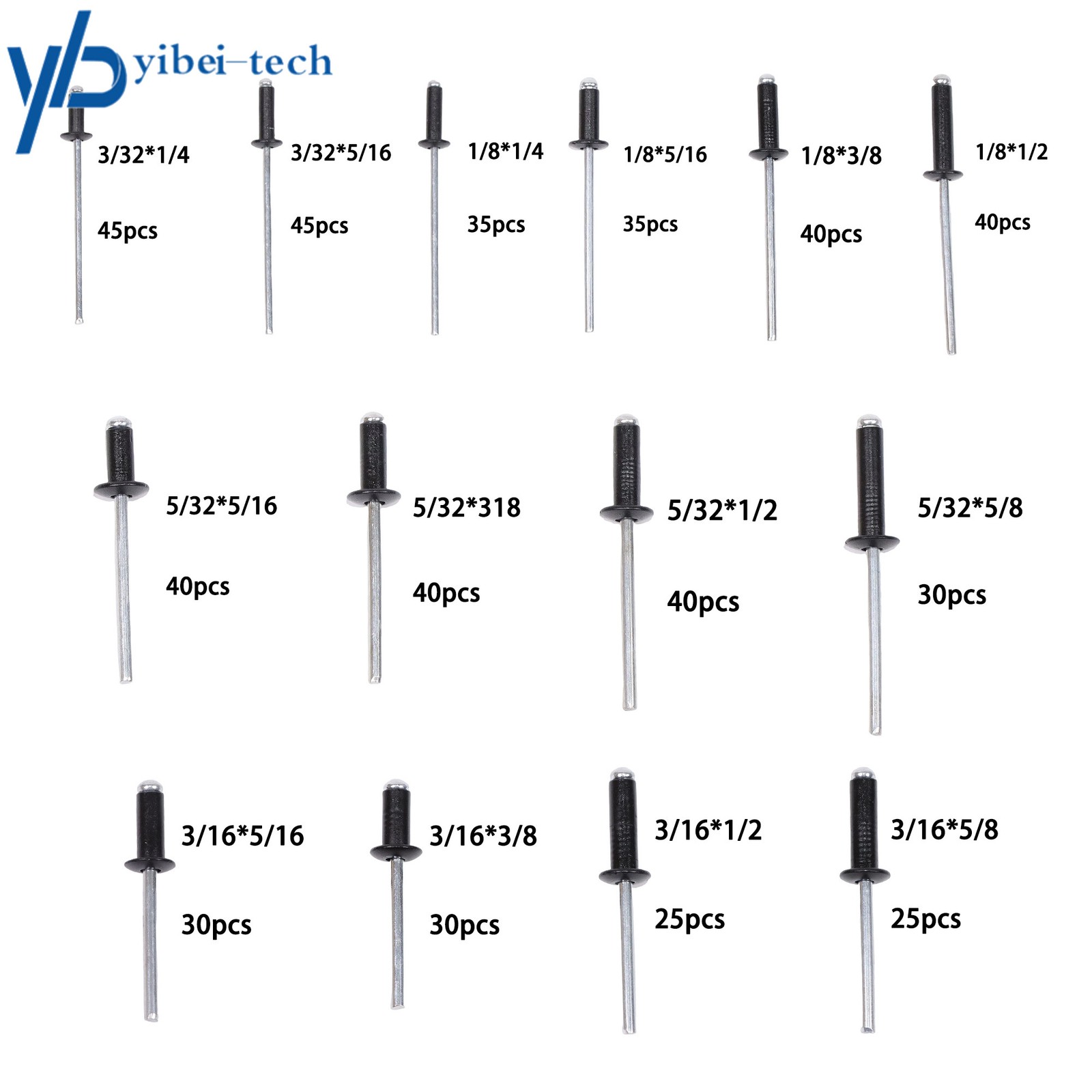500 sets of rivet kits 3/32″ 1/8″ 5/32″ 3/16″ With 14 Standard Sizes W/ a Box