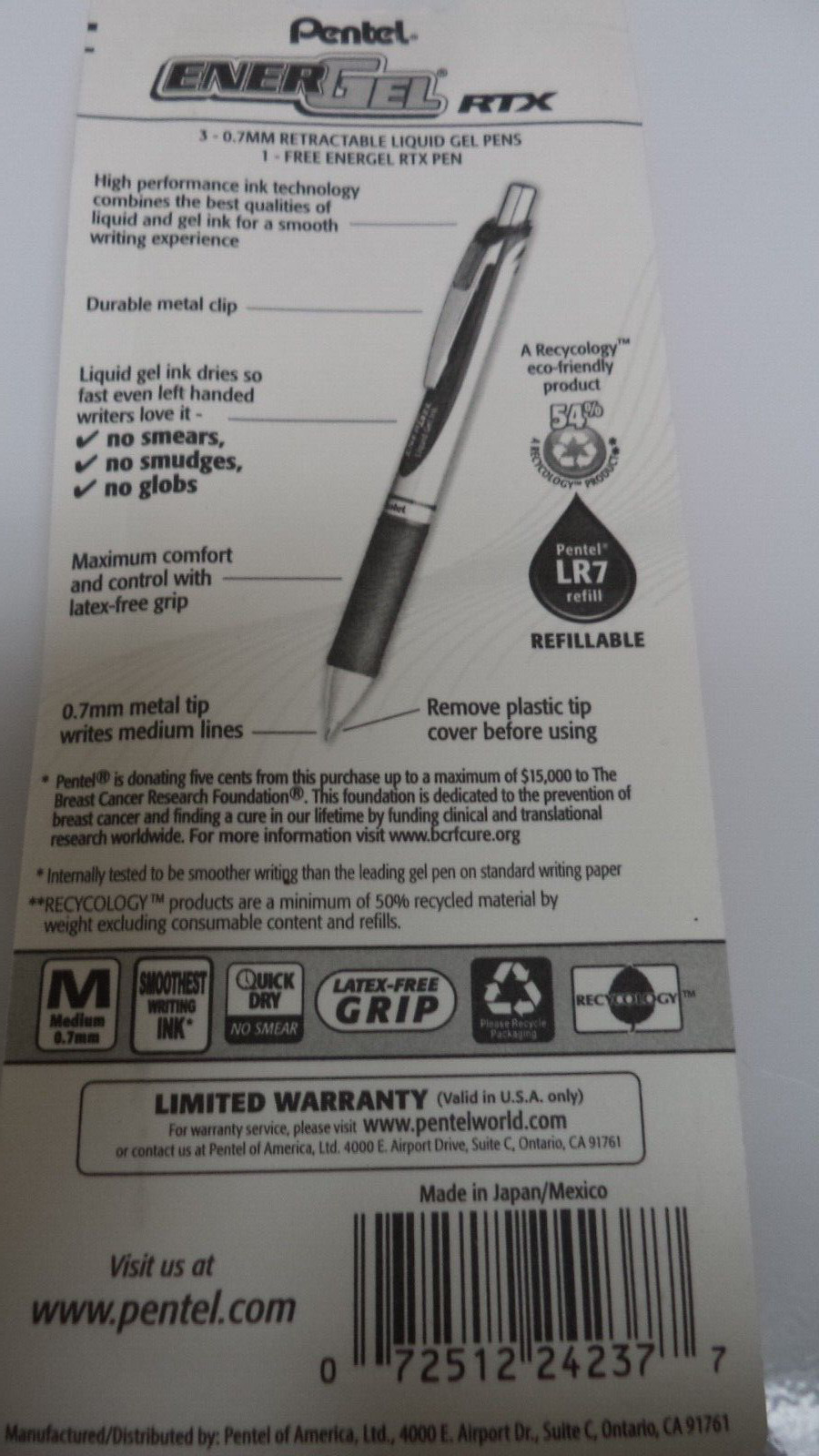 4 Pentel EnerGel RTX Gel PINK PEN MEDIUM 0.7mm BLACK Ink LIQUID BCRF CANCER 4