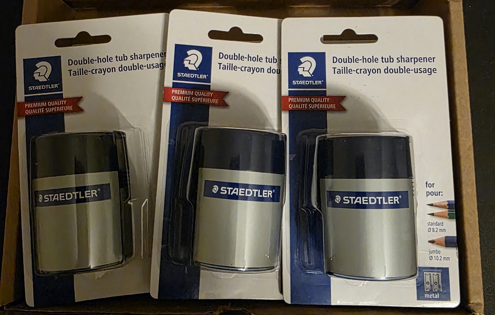 3 NEW STAEDTLER Double-hole Manual Pencil Sharpeners Blue/Silver (512 001 BK 03)