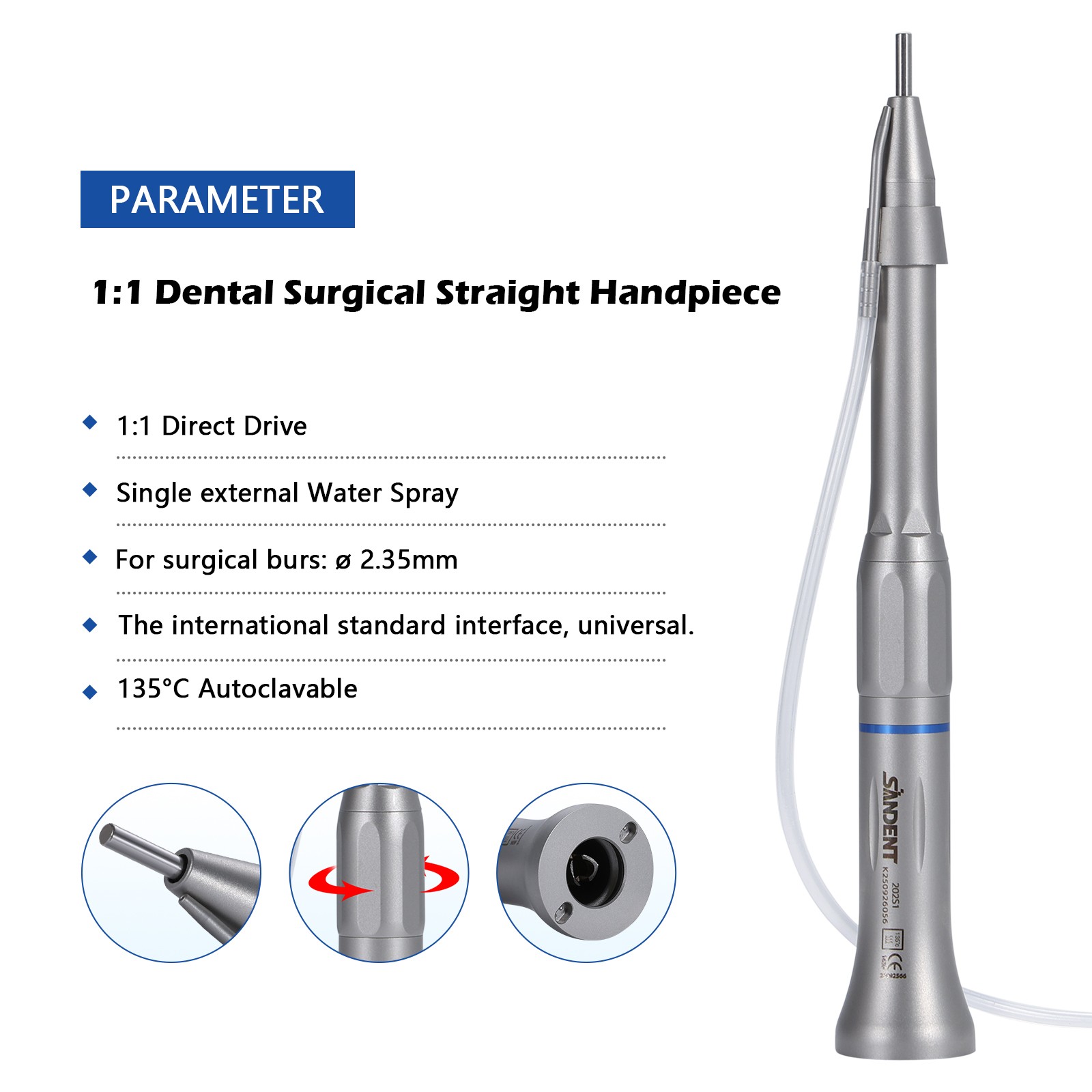 Dental Surgical Straight Cone Handpiece 1:1 Micro Surgery external Water Spray