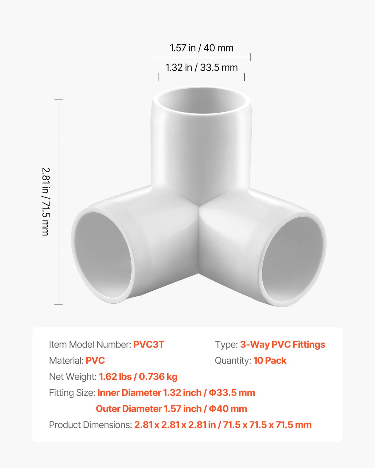 VEVOR 3-Way PVC Fittings 10-Pack PVC Pipe Joints Elbow Connector for 1″ PVC Pipe