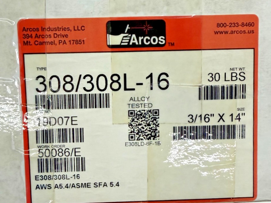 ARCOS WELDING ELECTRODES, 3/16″ X 14″, 10 LB-CANS, (LOT OF 3), P/N: E308LD-6F-1B