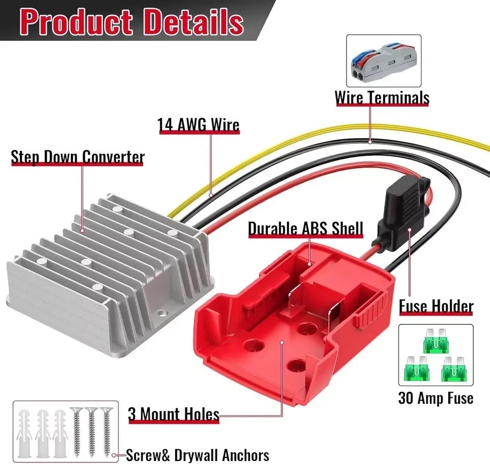 18v to 12v Step Down Converter for Milwaukee M18 Power Wheels Battery Adapter