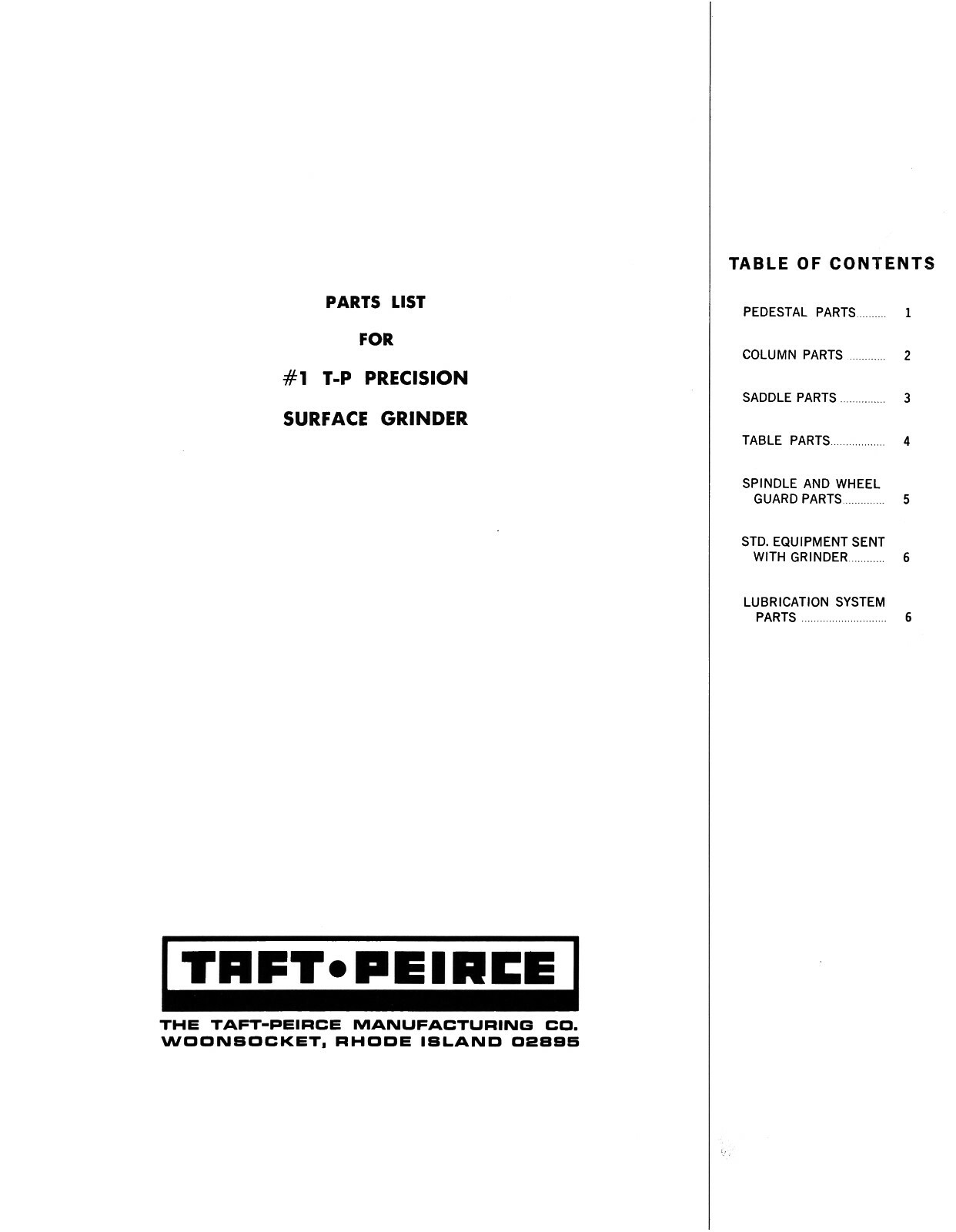 Taft-Peirce #1 Precision Surface Grinder Parts List Manual #1677