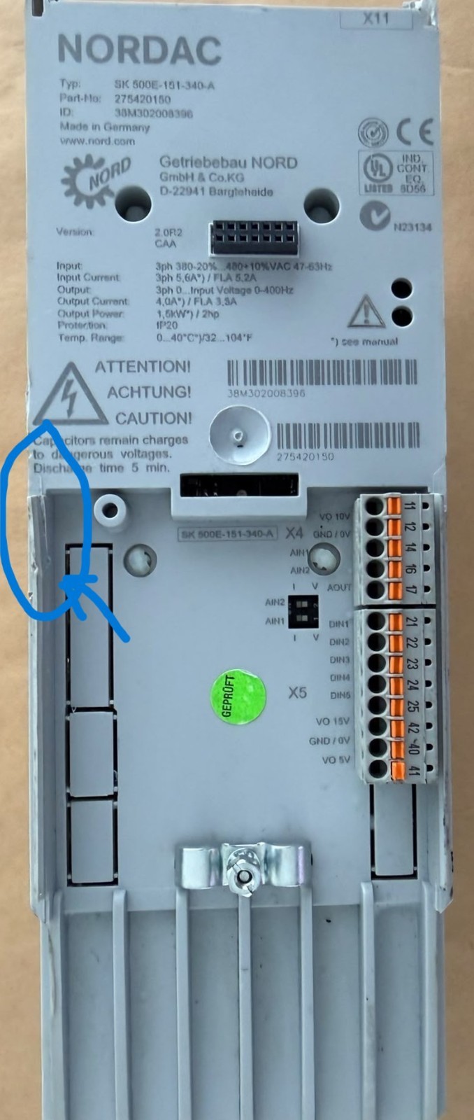 Nordac SK 500E-151-340-A Variable Frequency Drive 275420150