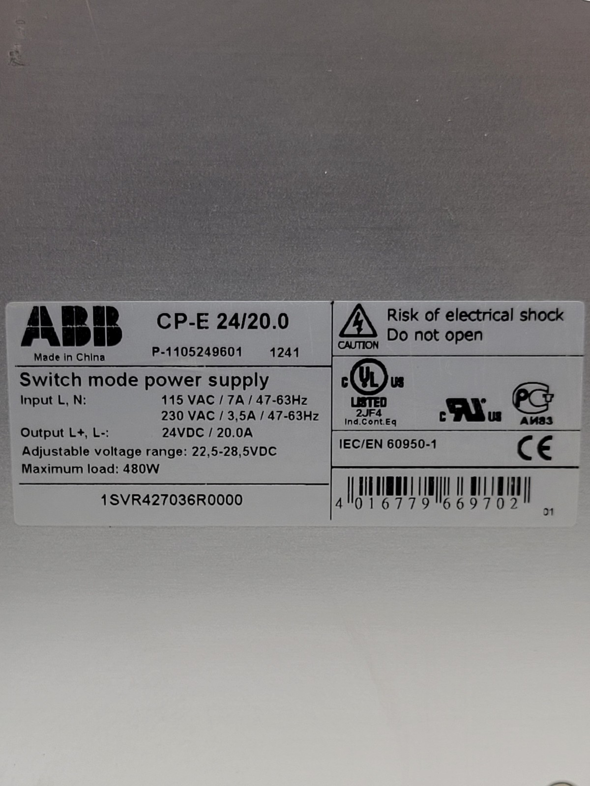 ABB CP-E 24/20.0 Switching Power Supply 115/230V Input 24V 20.0A Output