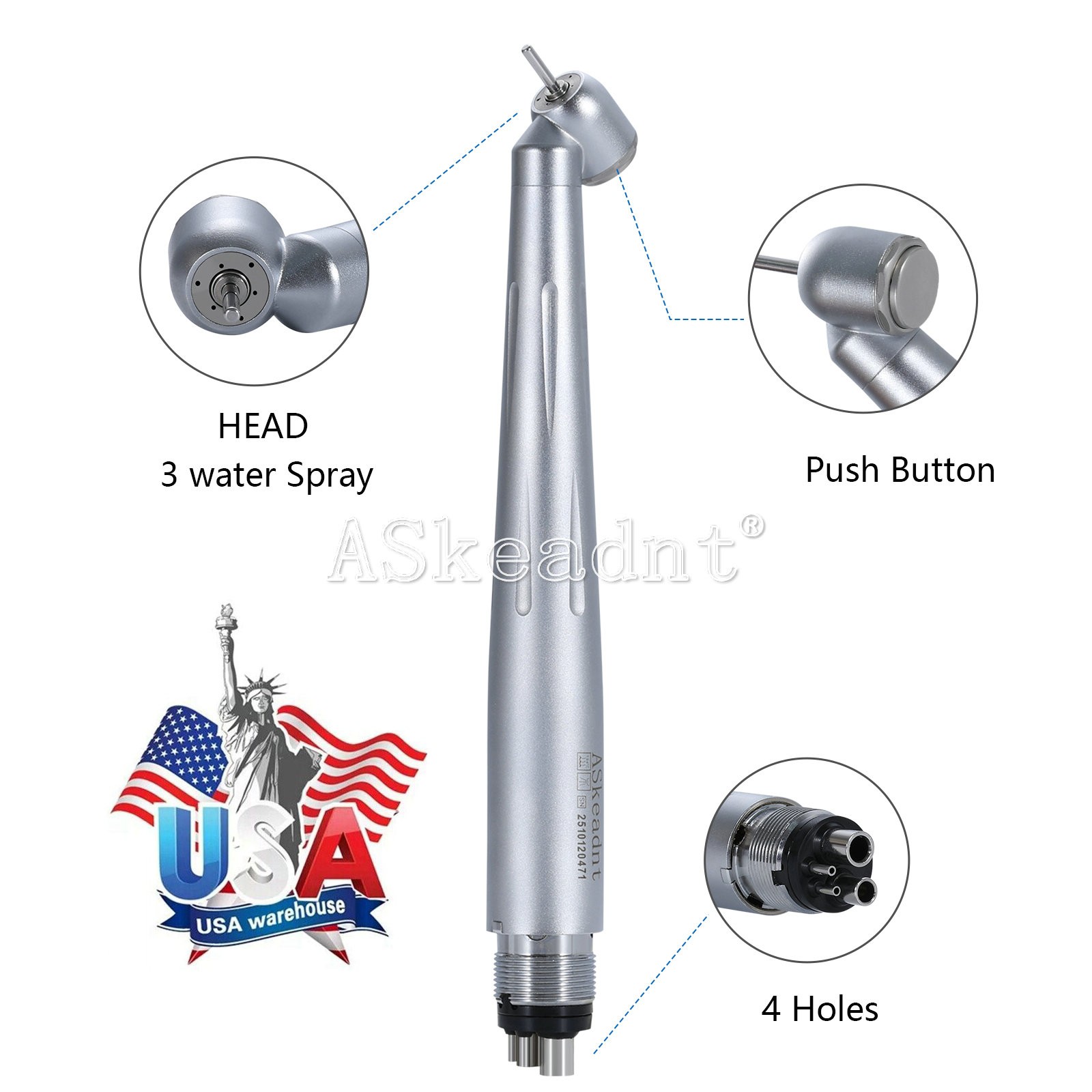 Askeadnt Dental Surgical High Speed Handpiece 45 Degree 4 Hole 3 Water Spray