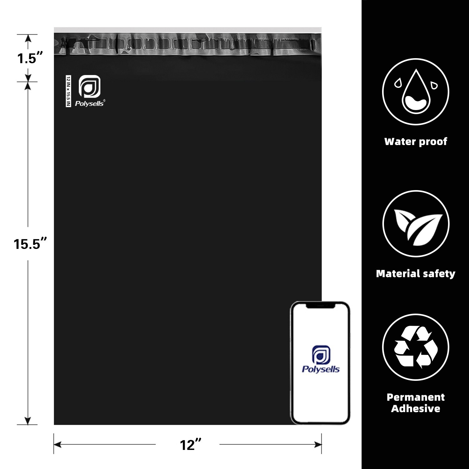 100 12×15.5 Poly Mailer Self Sealing Shipping Mailers Bags Black POLYSELLS