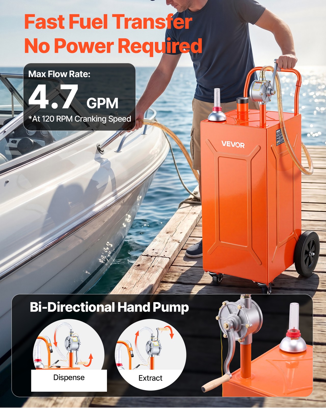 VEVOR 35 Gal Fuel Gas Caddy Portable Storage Tank Manual Pump 4 Wheels Orange