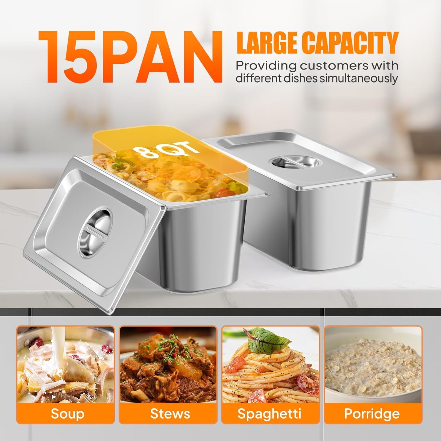ROVSUN 120QT Electric Commercial Food Warmer 2500W, 15-Pan Steam Table 8QT/Pan