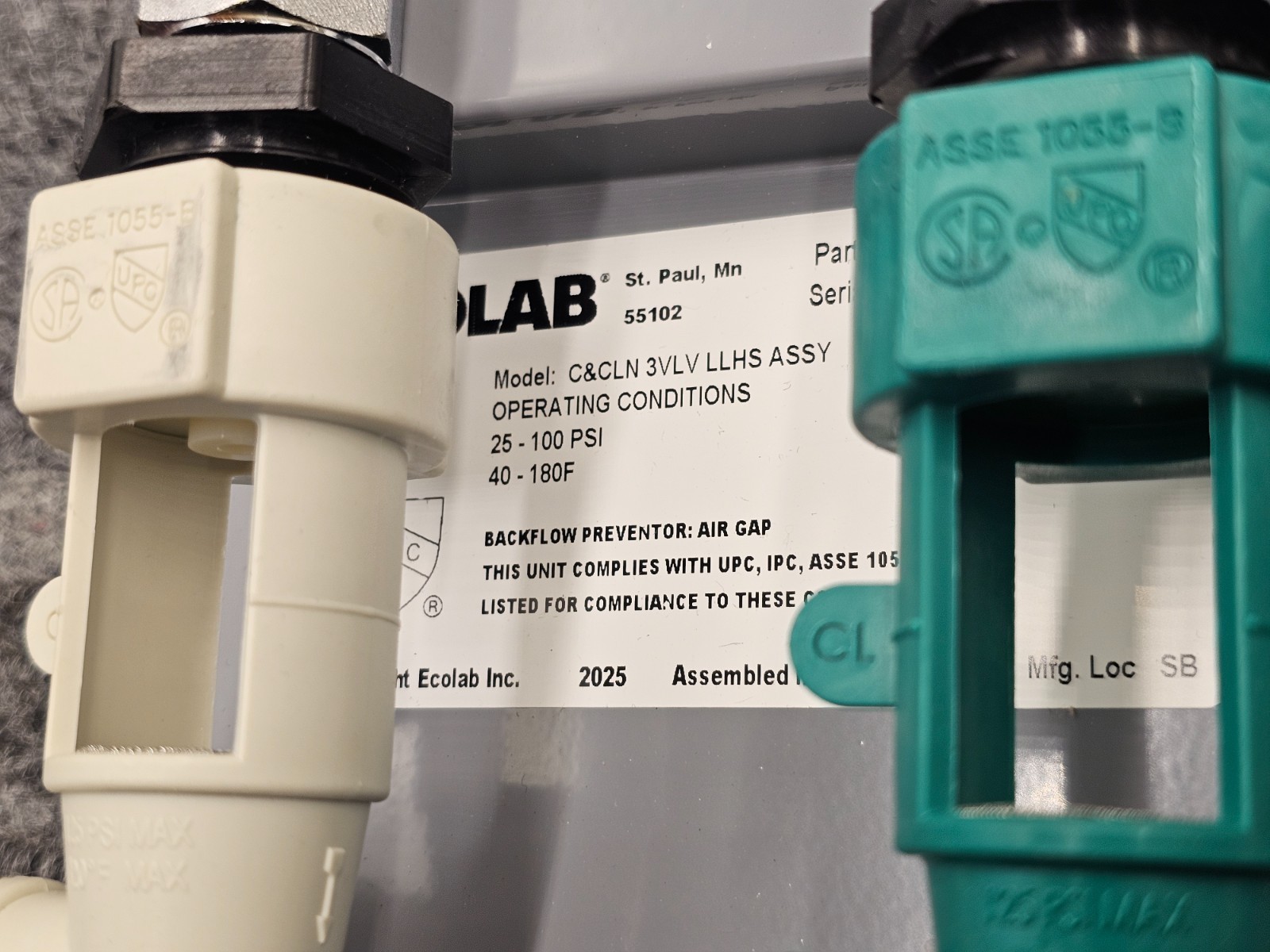 ECOLAB C&CLN 3VLV LLHS ASSY 3 Valve Chemical Cleaning Dispenser 9221-1785