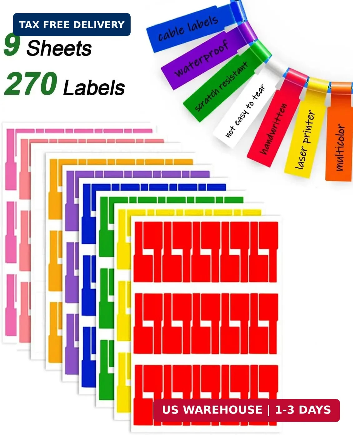 270 Pcs Cable Labels Tags for Cable Management, 9 Colors Cord Tags for Electroni