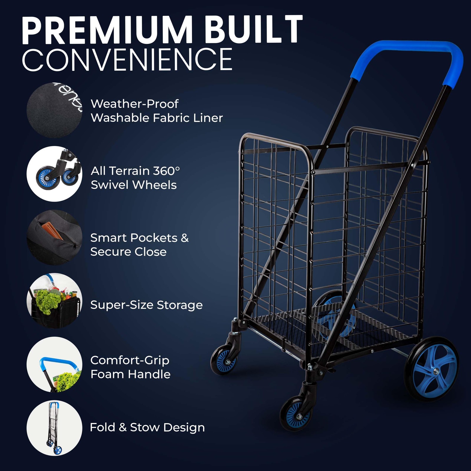 Serenelife Large Folding Utility Shopping Cart Removable Duty 360 Swivel Wheels