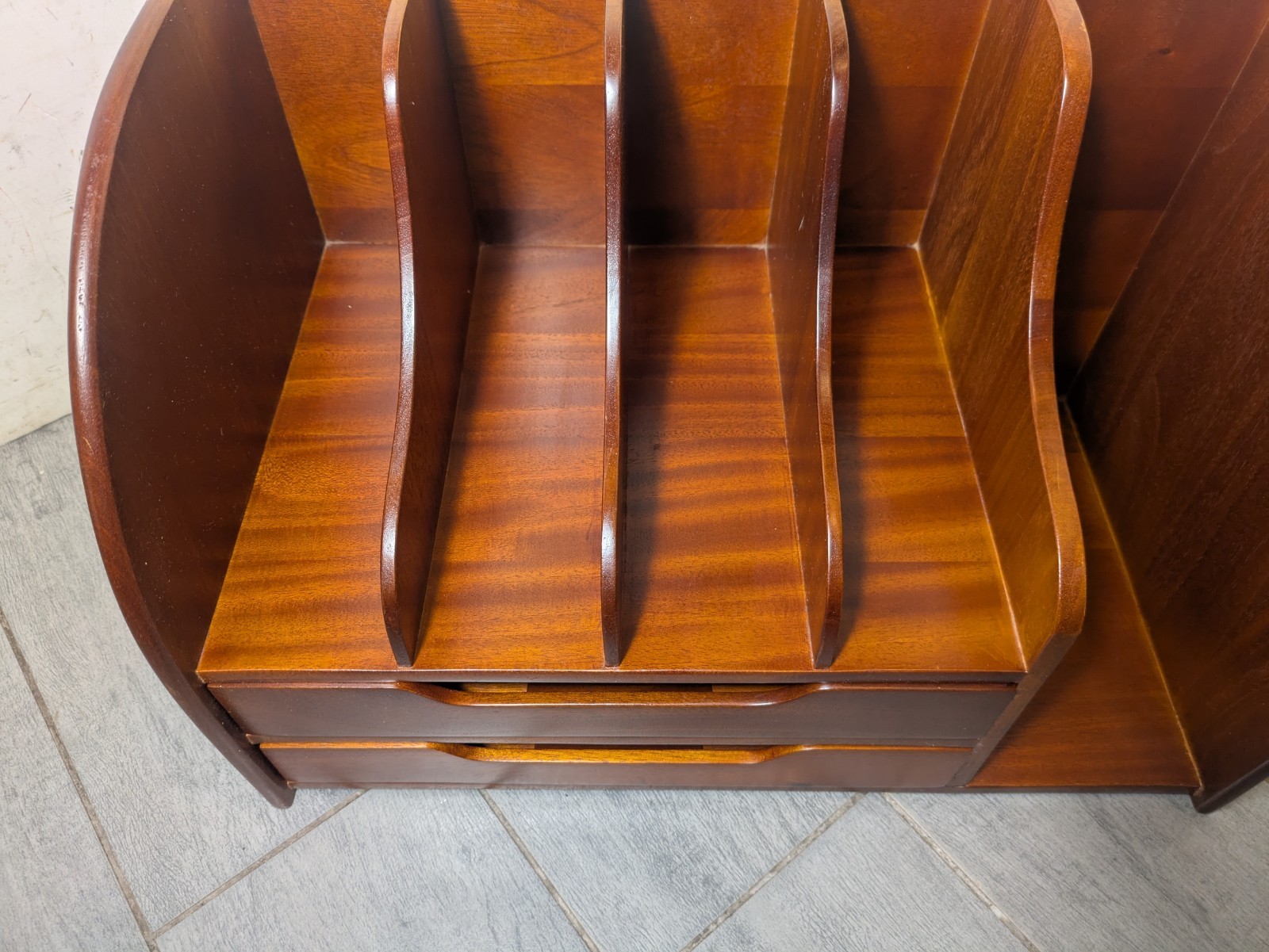 Vintage Mid Century Danish Modern Mahogany Wood Desk Organizer Mail Sorter H66