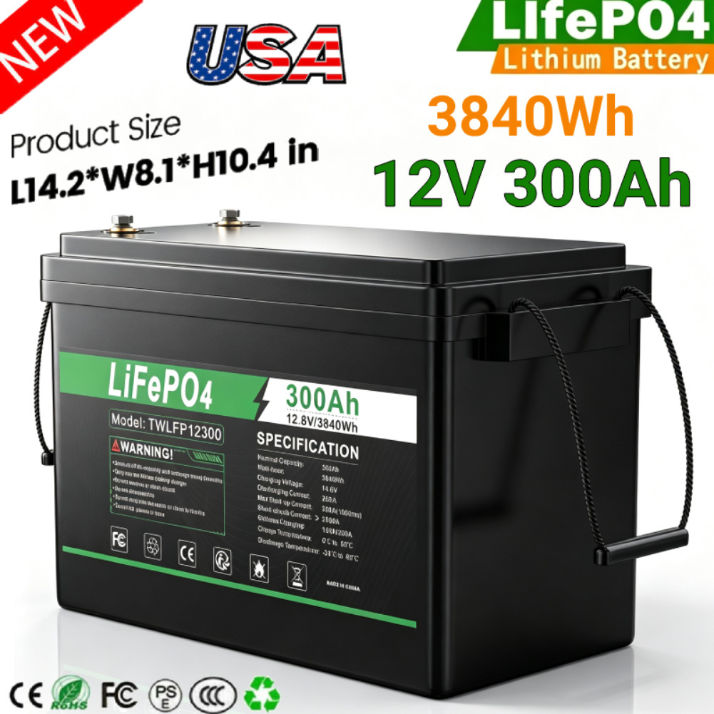 12V 300Ah LiFePO4 Lithium Battery Deep Cycle Built-in BMS for Solar RV Off-Grid
