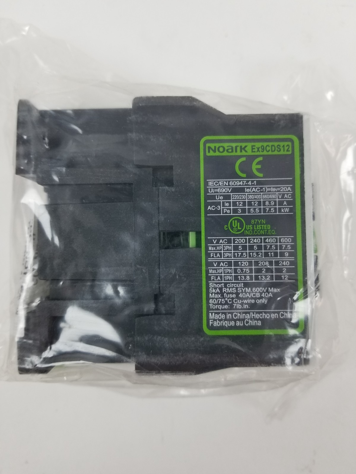 NOARK Ex9CDS12A30G7A General Purpose Contactor 12A 3NO 120V 50/60 Hz FVNR NEW