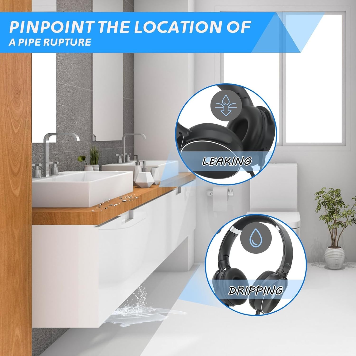 Precision Water Leak Detector with Dual Probes & High-Definition Audio Earphones