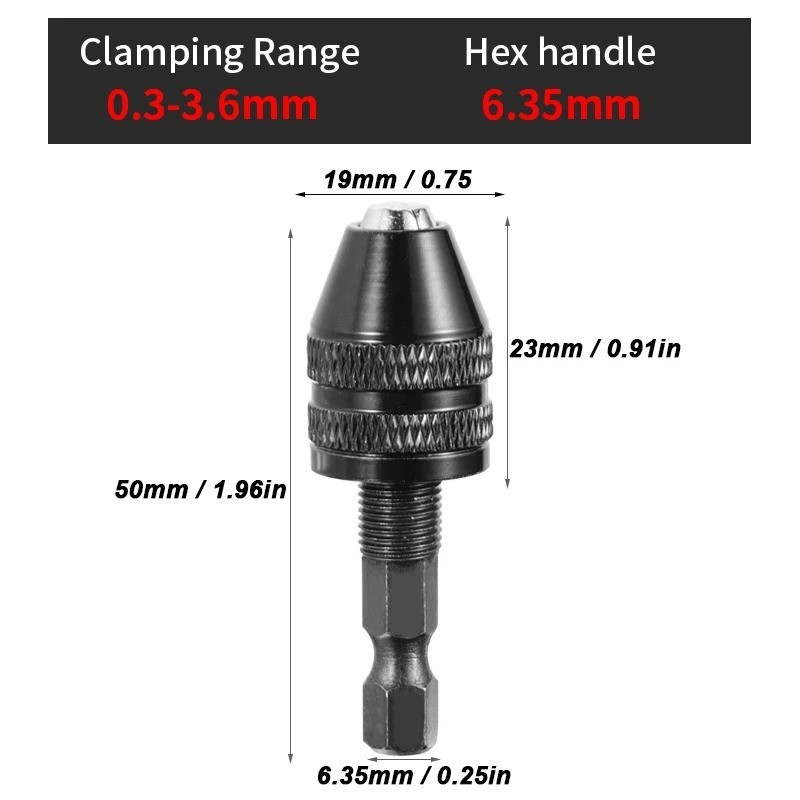 Mini ( 0.3mm to 3.6mm) Keyless Drill Chuck with 1/4″ Hex Shank Adapter – J016