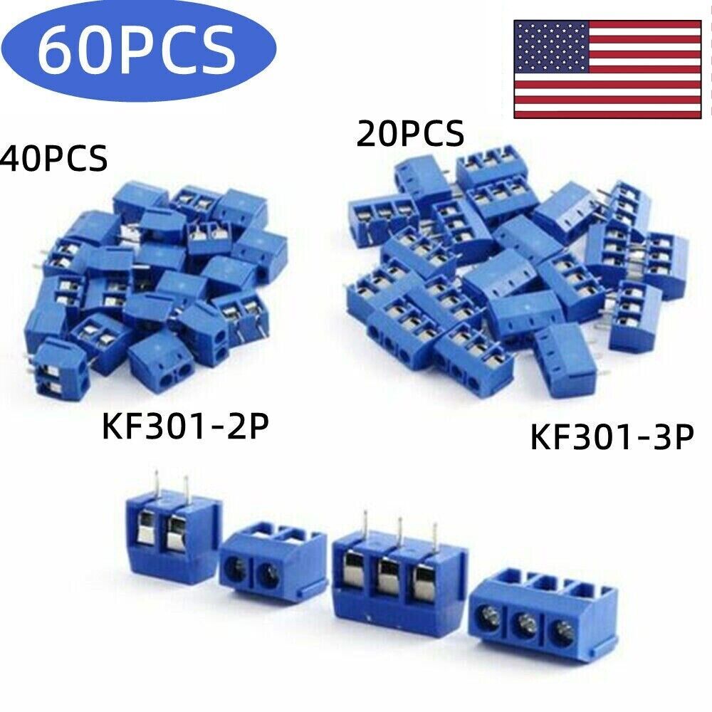 60pcs Blue KF301-2P/3P PCB Mount Screw Terminal Block Connector 2/3Pin 5mm Pitch