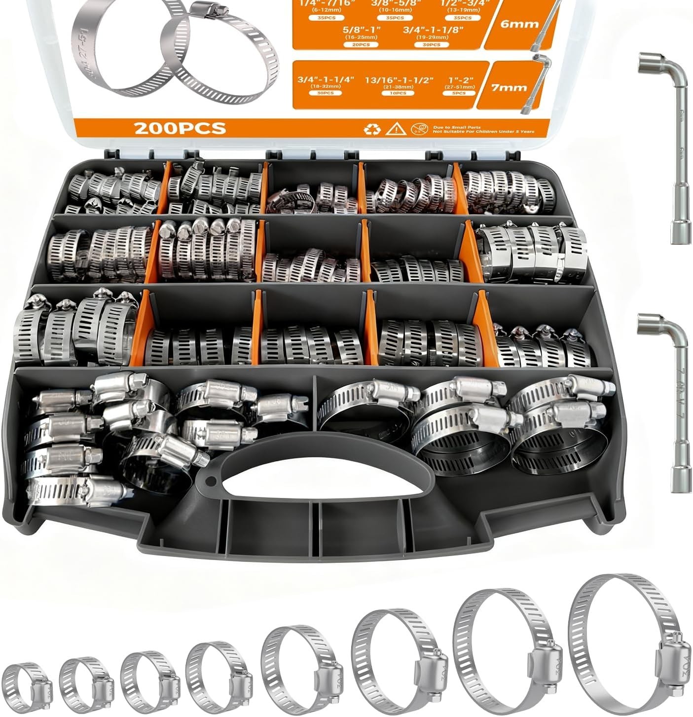 Hose Clamp Assortment 200PCS Hose Clamp 304 Stainless Steel Kit Adjustable 1/…