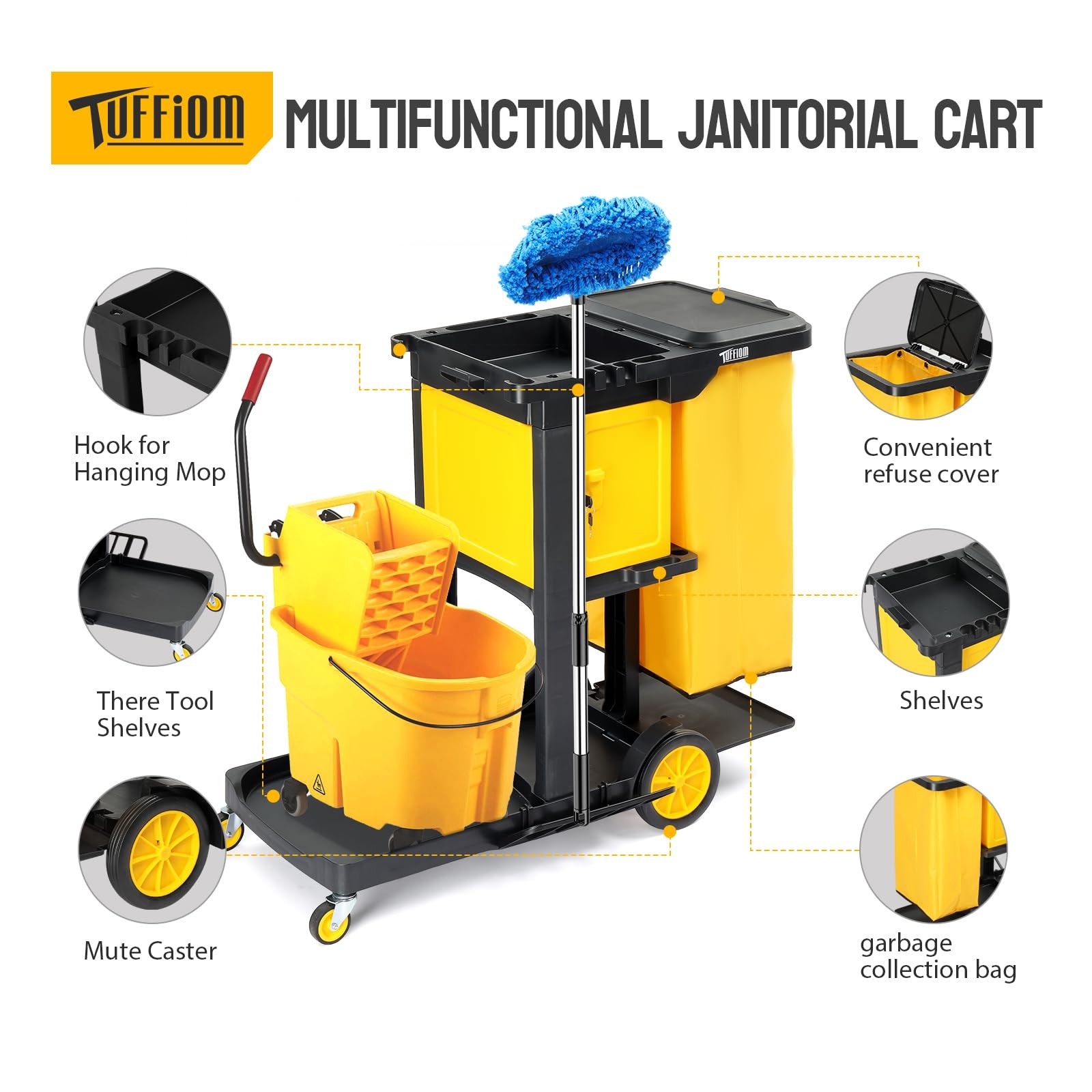 TUFFIOM 3-Shelf Janitorial Cart with Key-Locking Cabinet, Black/Yellow Vinyl Bag