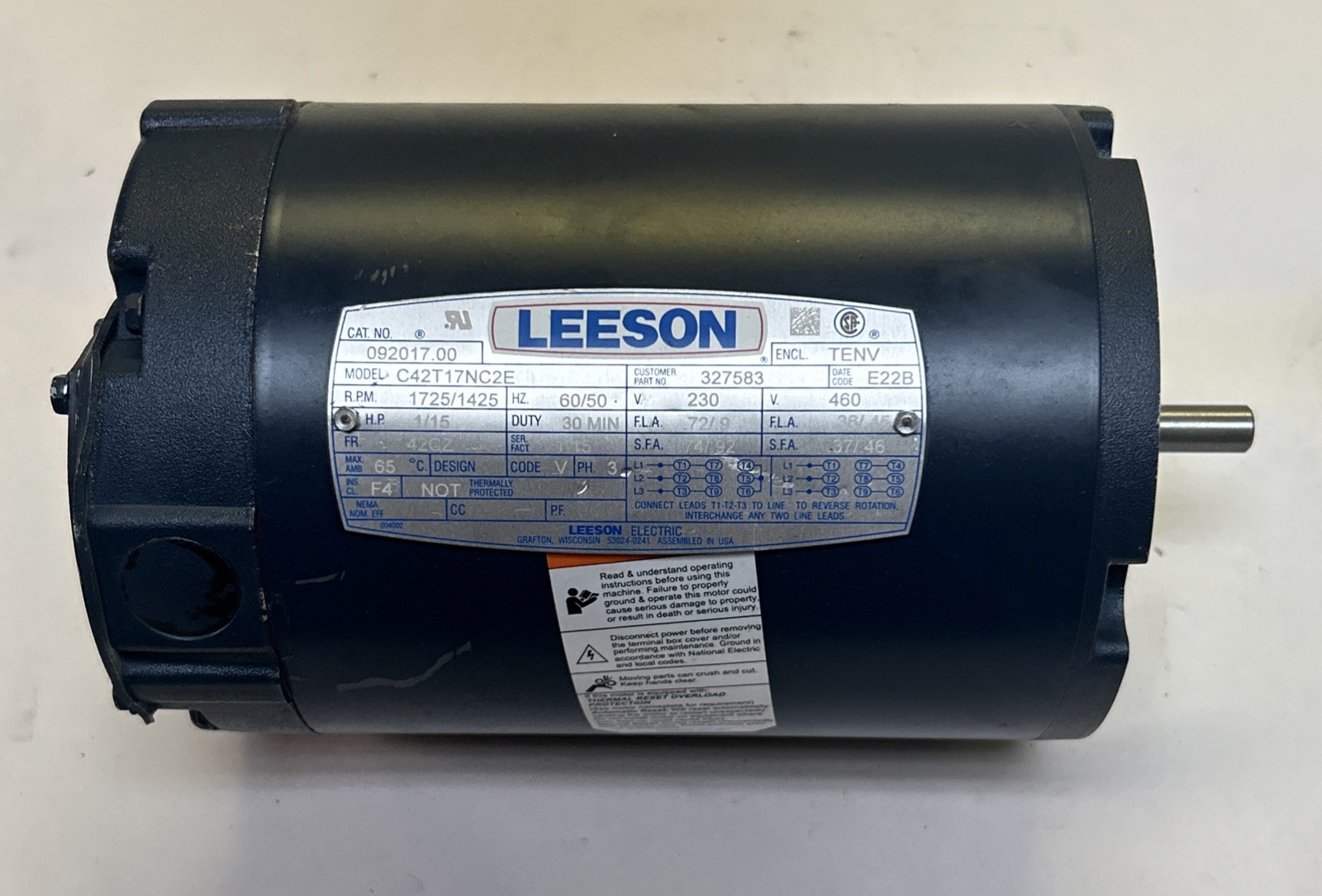 LEESON,092017.00,AC MOTOR C42T17NC2E 1/15HP 1725/1425RPM 460V 42CZ FRAME