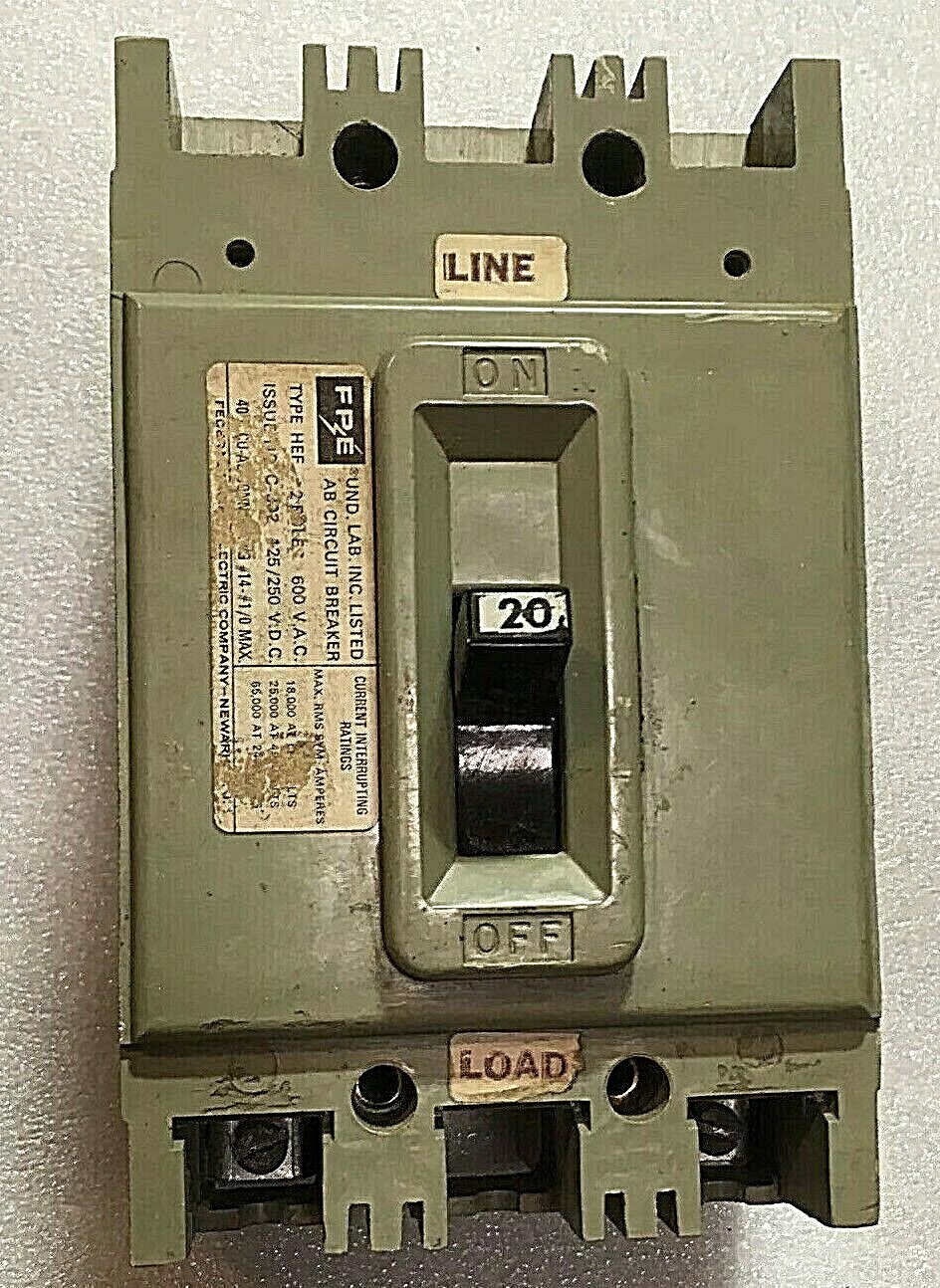 FEDERAL PACIFIC Electric HEF621020 20A 600V BREAKER WARRANTY TWO POLE 3P FRAME