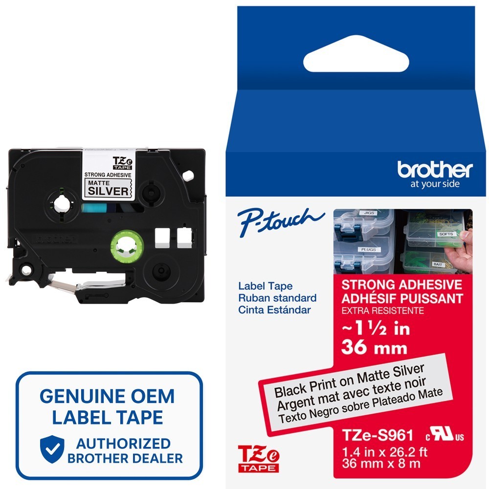 Genuine Brother TZe-S961 Strong Adhesive Black on Silver 36mm 1 1/2″ Label Tape