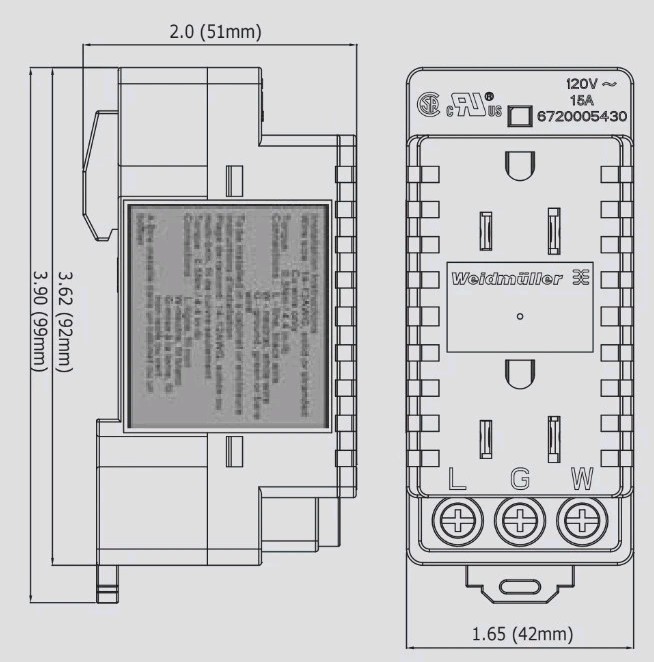 Weidmuller 6720005430 15A 120V Din-rail mount duplex receptacle w/LED indcatr