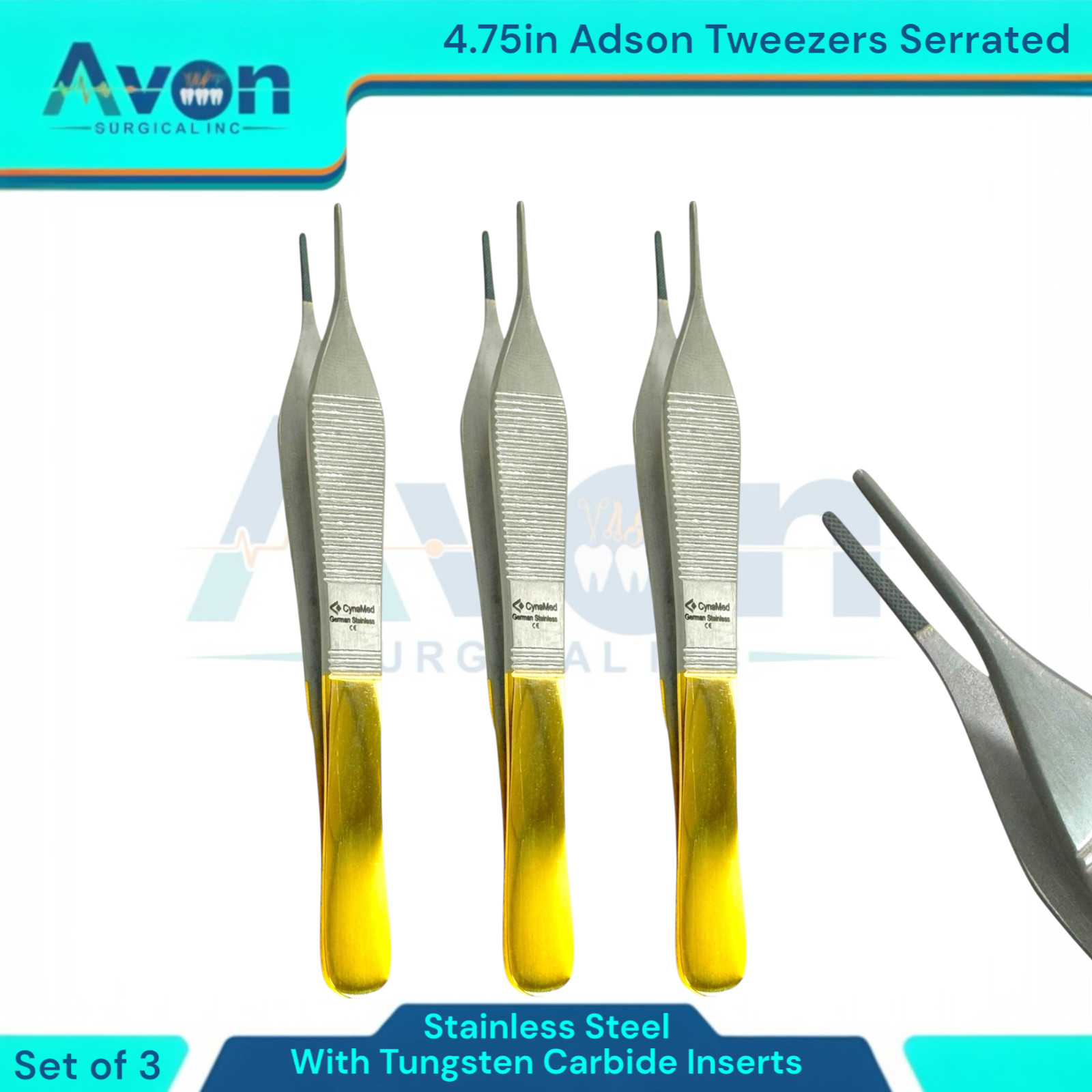 Premium Adson Thumb Serrated Tweezer Forceps, 4.75″, TC Insert Jaw – Gold Handle
