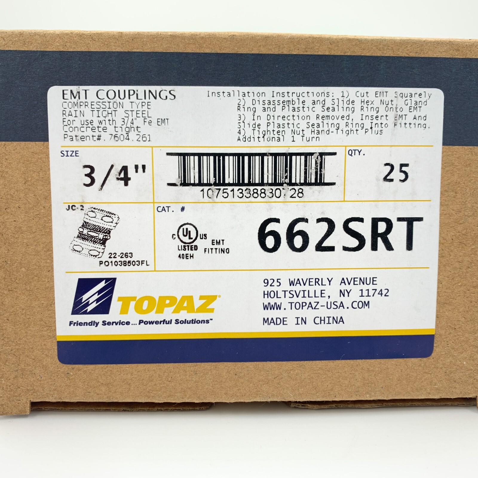25 Pack Topaz 662SRT 3/4″ Compression EMT Coupling Rain Tight Steel