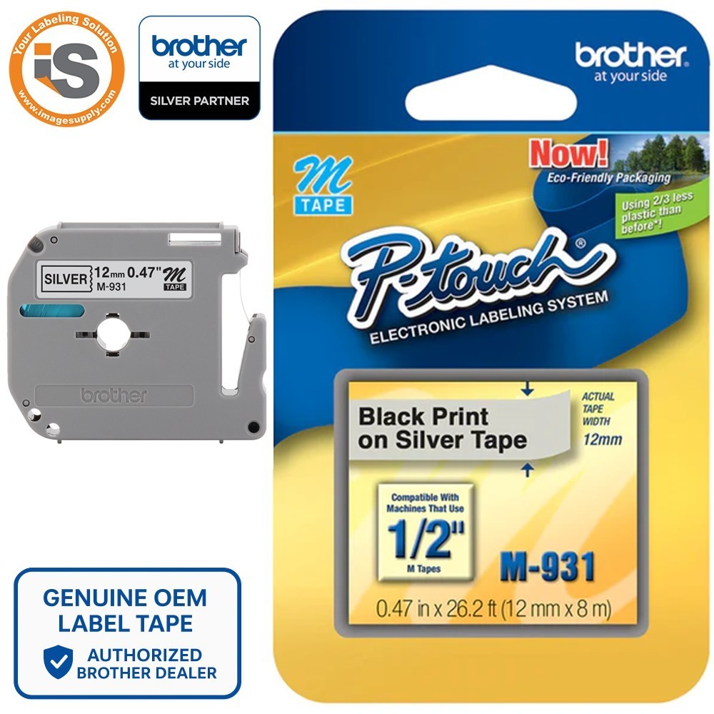 Genuine Brother M-931 Black on Silver 1/2″ (12mm) P-Touch Label Tape For PT-M95